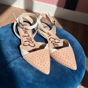 ✨SAM EDELMAN ✨White and nude, studded-toe, buckle flats